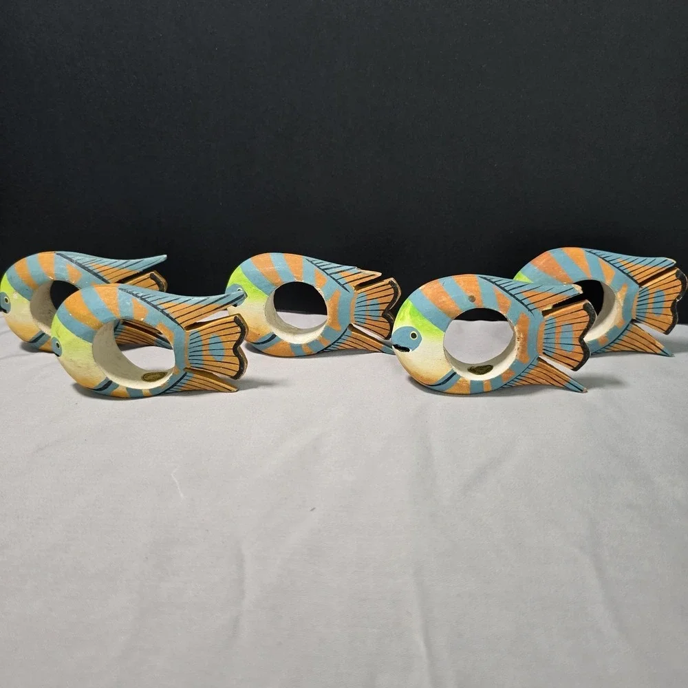 Tropical Fish Napkin Holders VTG Hand Carved Hand Painted 80s 90s